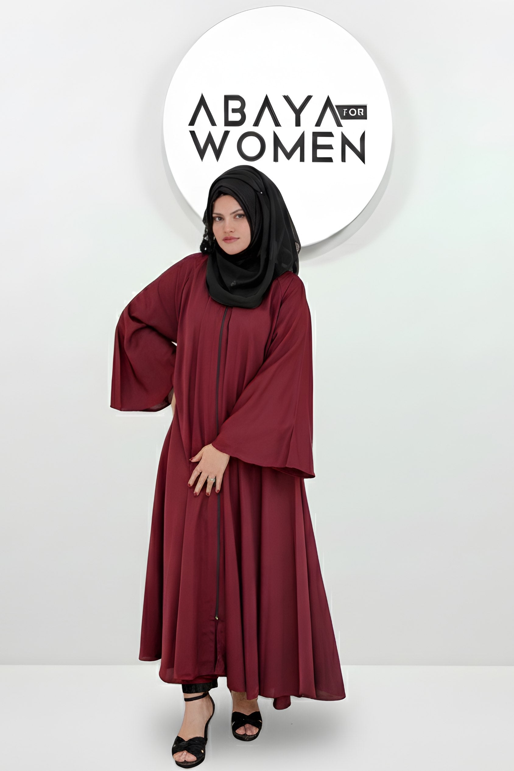Front open zipper abaya in maroon color full front view, elegant modest wear for women