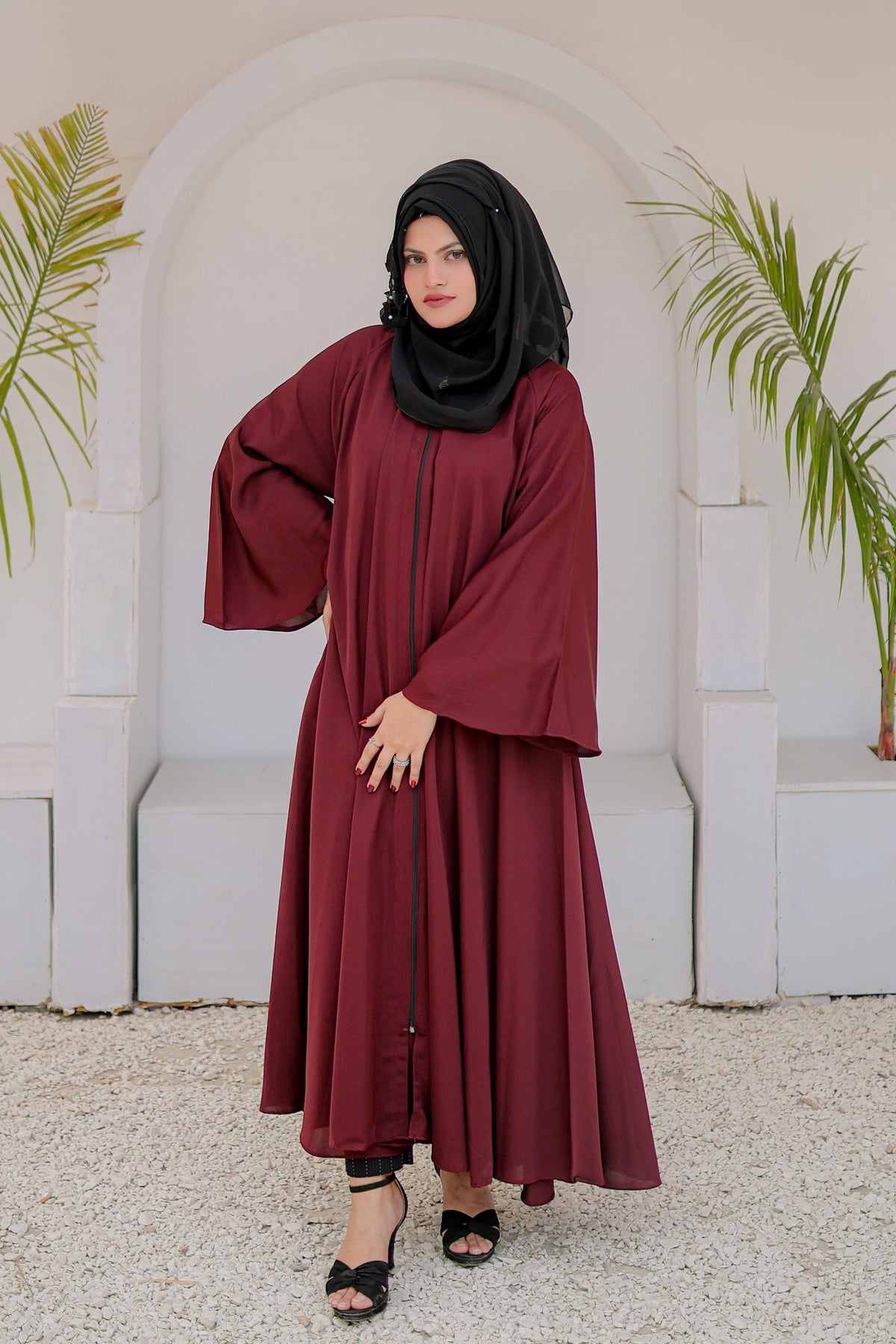 Front view of Front Open Zipper Abaya in Maroon color showcasing elegant modest design with premium nida fabric for women