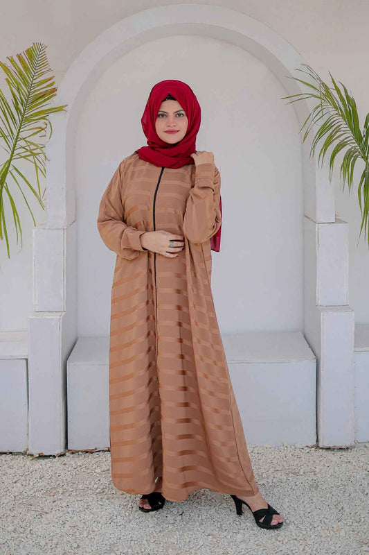Beige front open zipper abaya full view showcasing modest fashion design