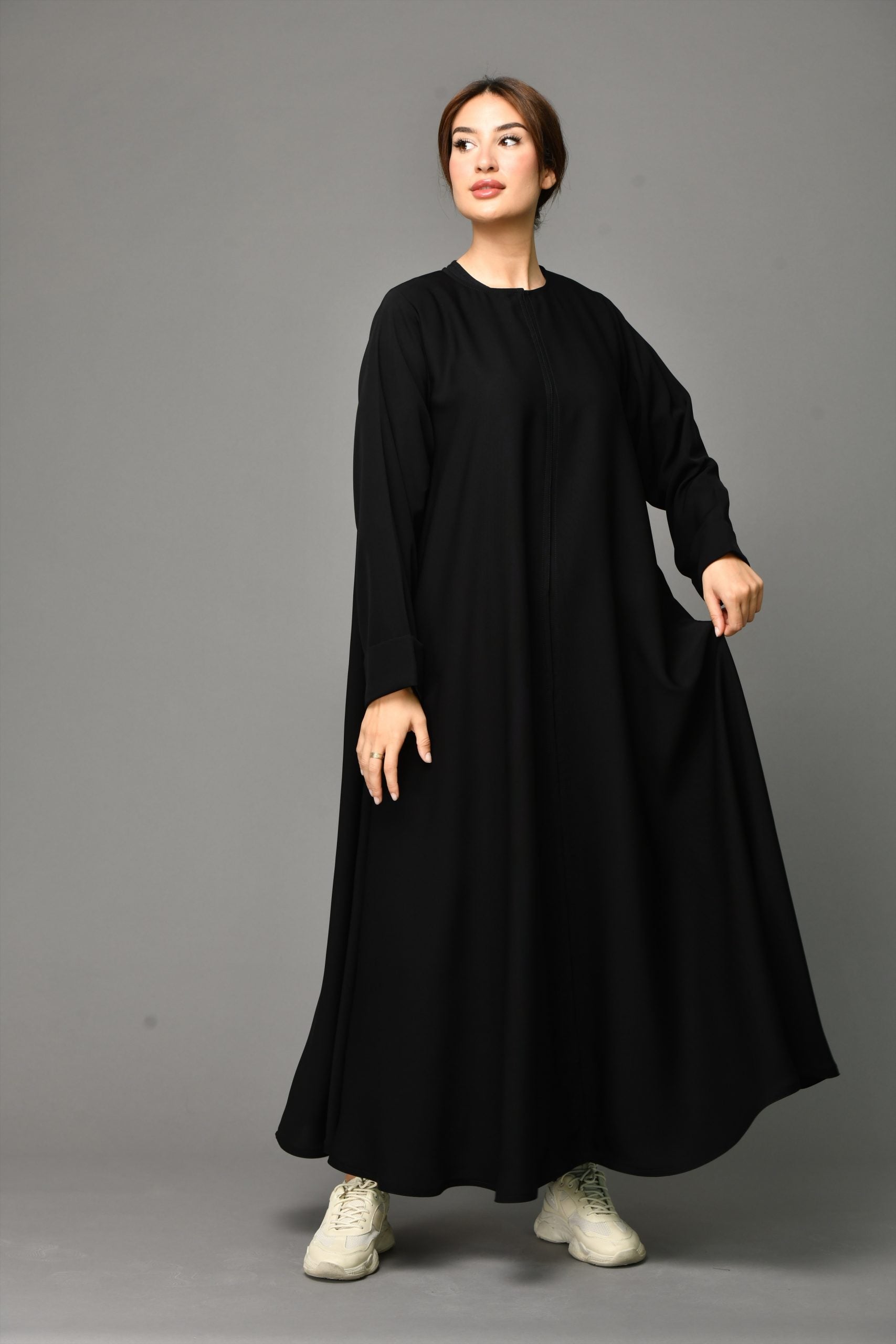 Front view of Arabic Style Zipper Abaya highlighting smooth nida fabric drape and modest silhouette.