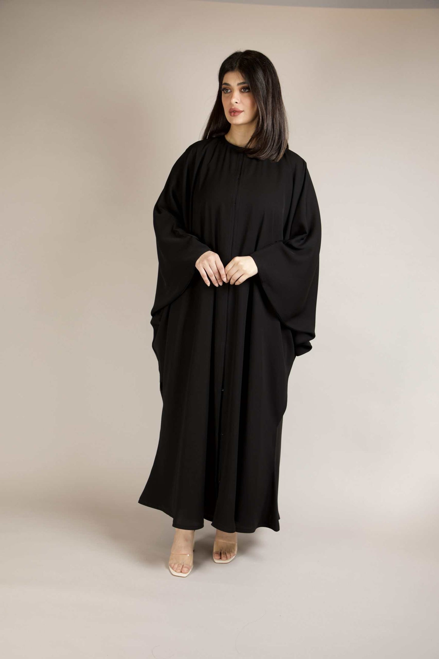 Elegant Arabic Style Kaftan Abaya in premium nida fabric – classic front view modest wear for women.