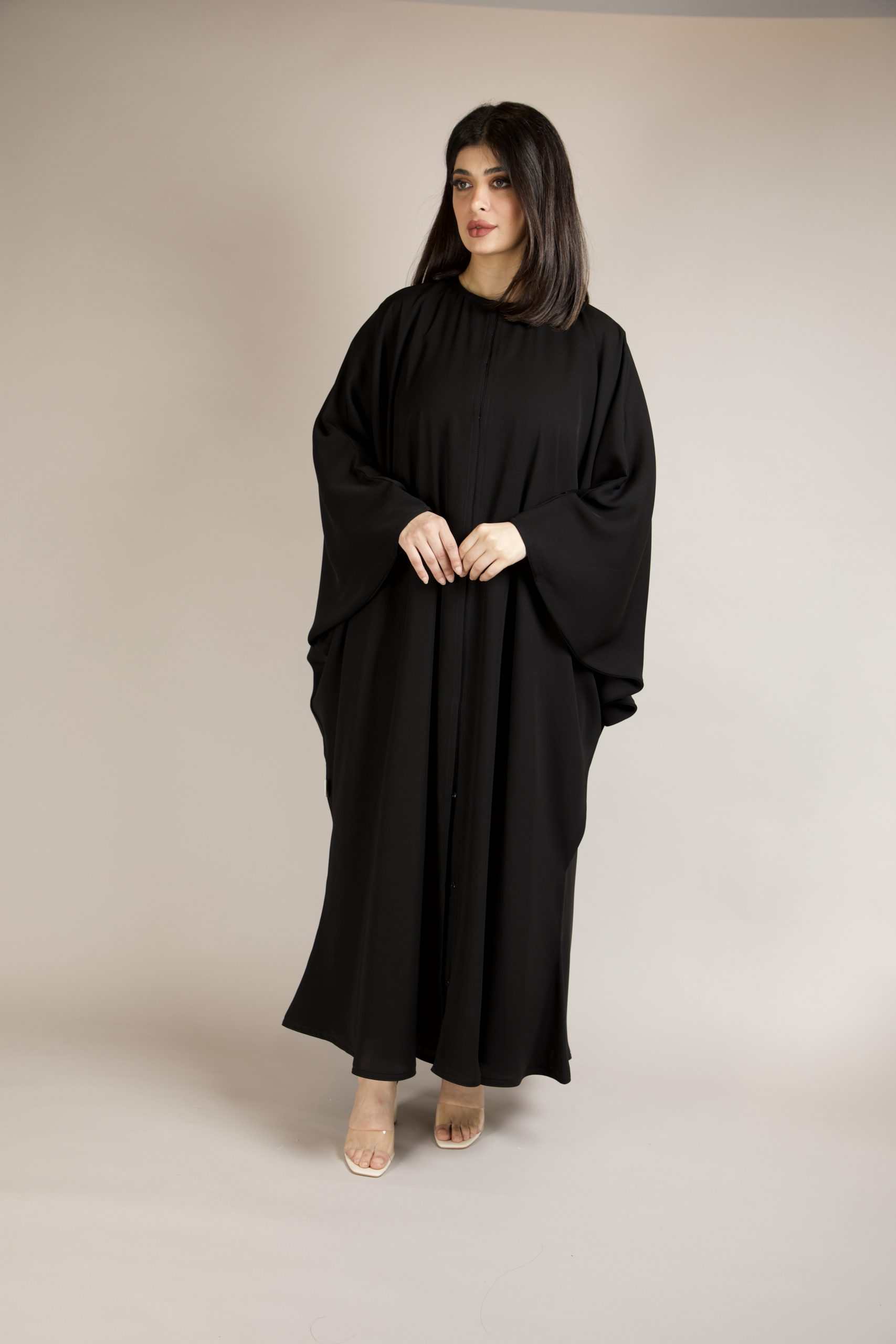 Elegant Arabic Style Kaftan Abaya in premium nida fabric – classic front view modest wear for women.