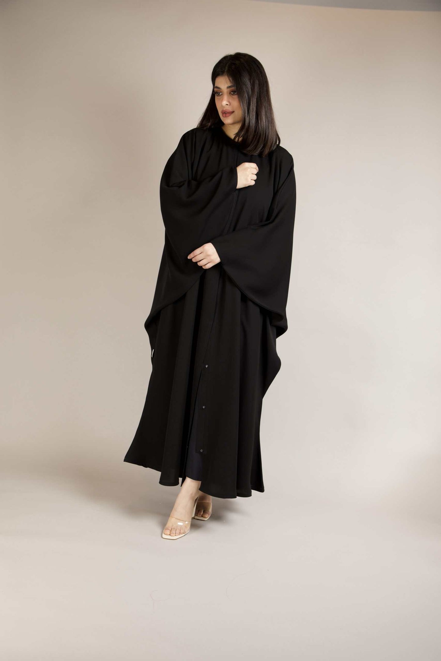 Full-length Arabic Kaftan Abaya in nida fabric – front view highlighting elegant modest design.