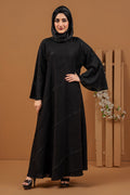 Full front view of full pintex abaya with loose sleeves, stylish and modest abaya dress for women in Pakistan