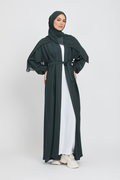 Full front view of green kimono abaya with white slip dress, elegant modest abaya for women in Pakistan
