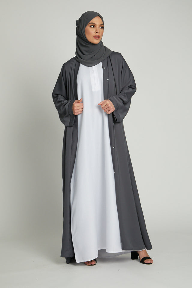 Front view of grey kimono abaya with white slip dress, fashionable modest abaya for women online Pakistan