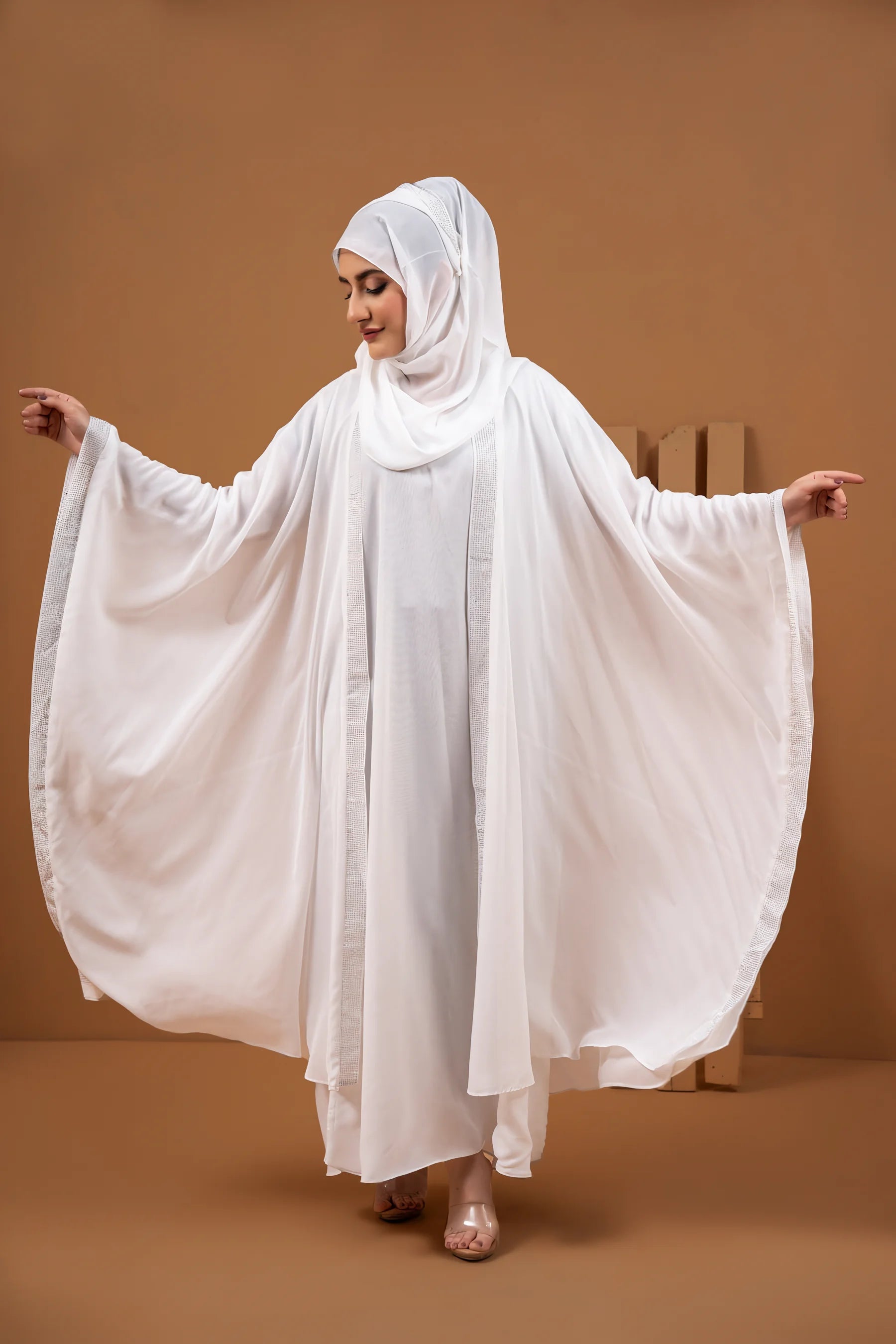 legant Haleema White Kaftan Abaya front pose showing flowing design and premium imported fabric.