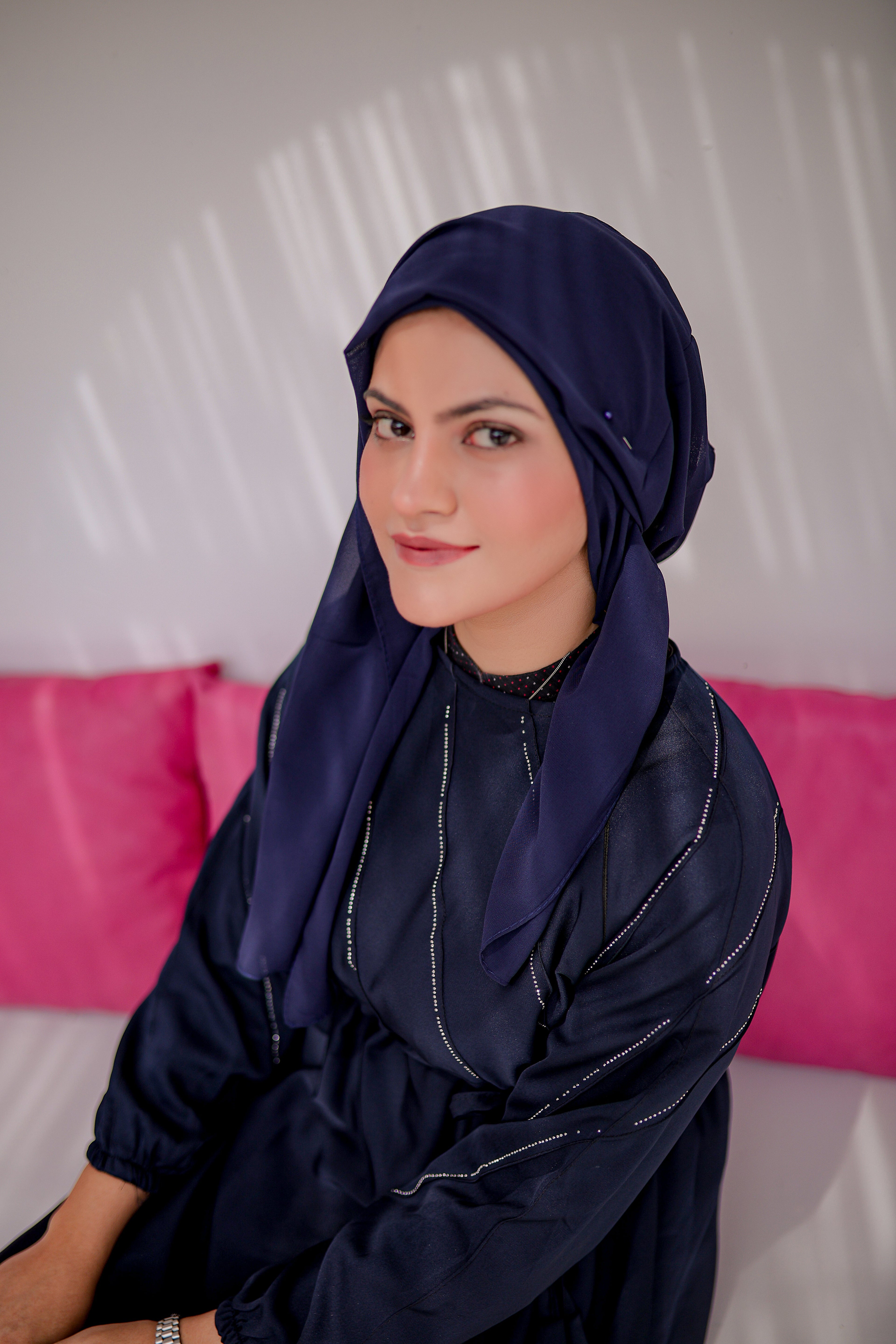 Close-up of half pintax design on navy blue abaya, modest abaya fashion for women, online shopping Pakistan