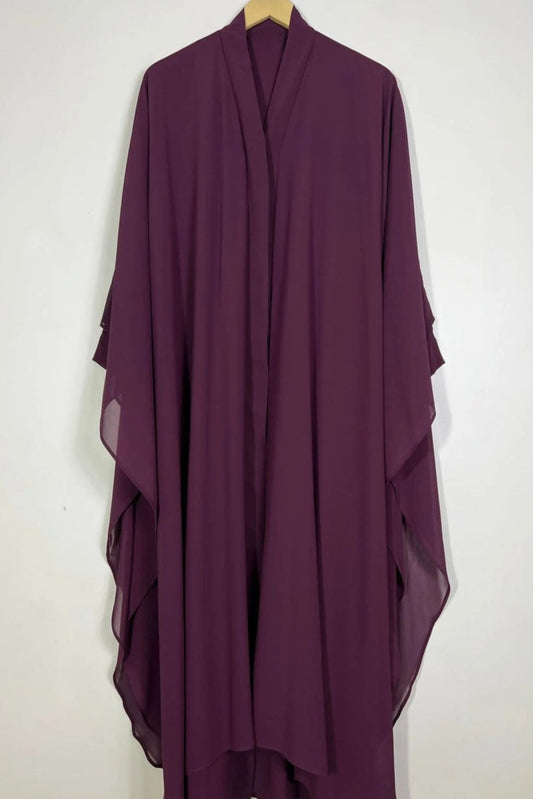 Halimah maroon front open butterfly abaya hanging on hanger showing double layer chiffon fabric and soft fall