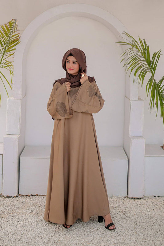 Full front view of flower nug abaya in light brown color, modest wear