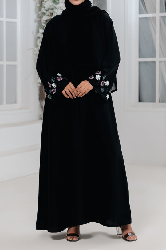 Luxury abaya for women with hand-work on sleeves made from imported Nida fabric, full front view elegant modest wear