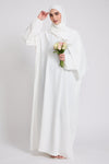 Model wearing White Closed Abaya with Front Zip showing modest fit, premium stitching, and full-length coverage
