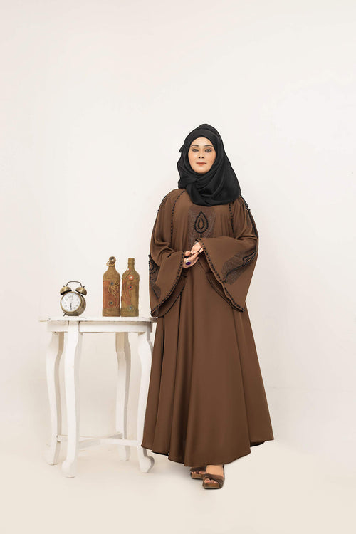 Elegant abaya with nug and moti work on front and sleeves, full front view, stylish modest abaya for women in Pakistan