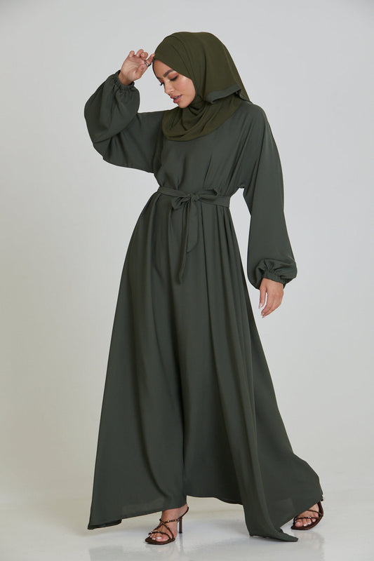 Full front view of premium olive umbrella abaya with elasticated cuffs and simple belt, elegant modest abaya for women
