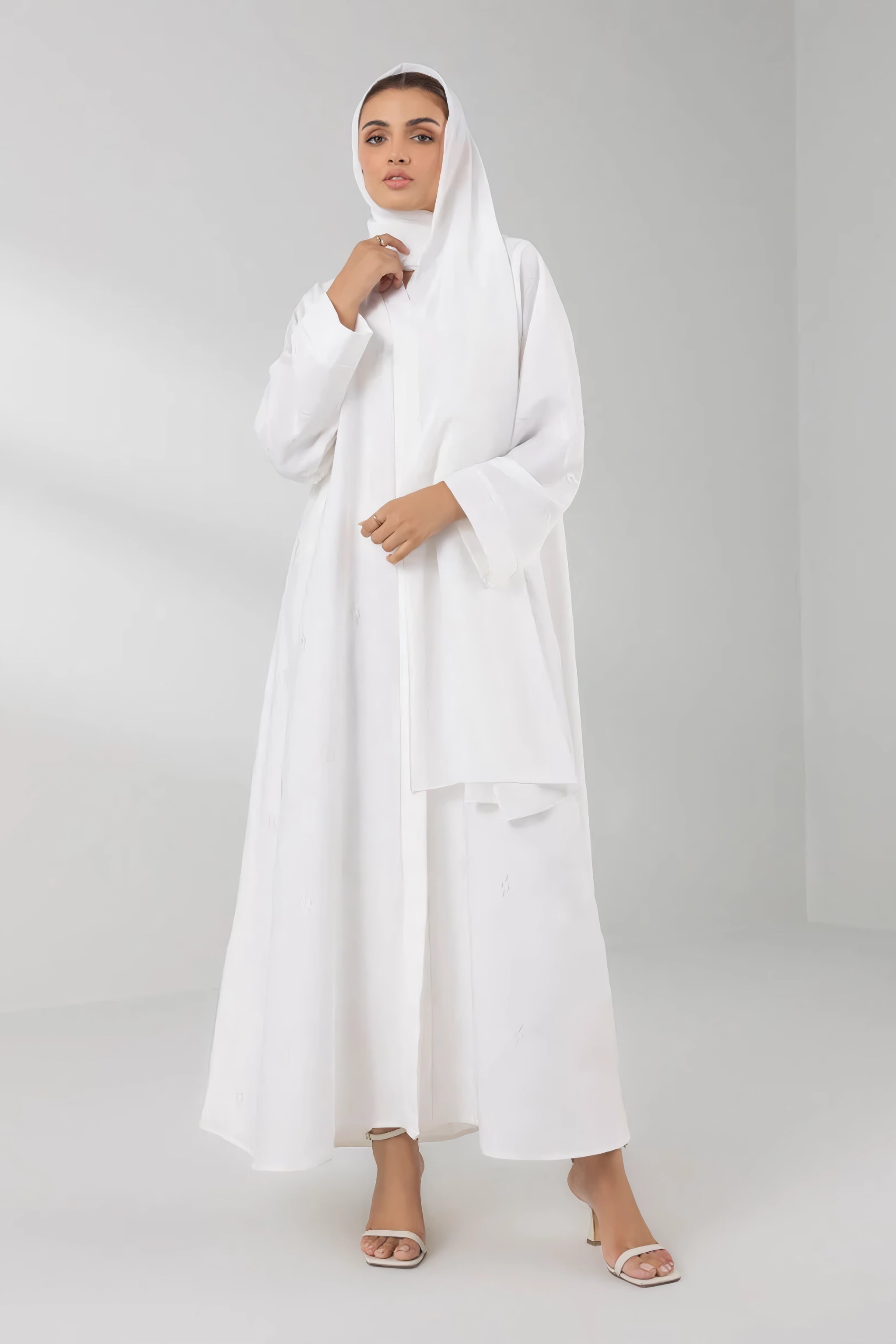 Full front view of plain white front open abaya – elegant modest wear for women