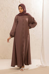 Full front view of rose taupe abaya with double button front design and elasticated cuffs, elegant modest abaya for women