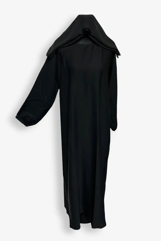 Elegant black abaya with simple side zipper design, full front view, modest abaya for women, online shopping Pakistan