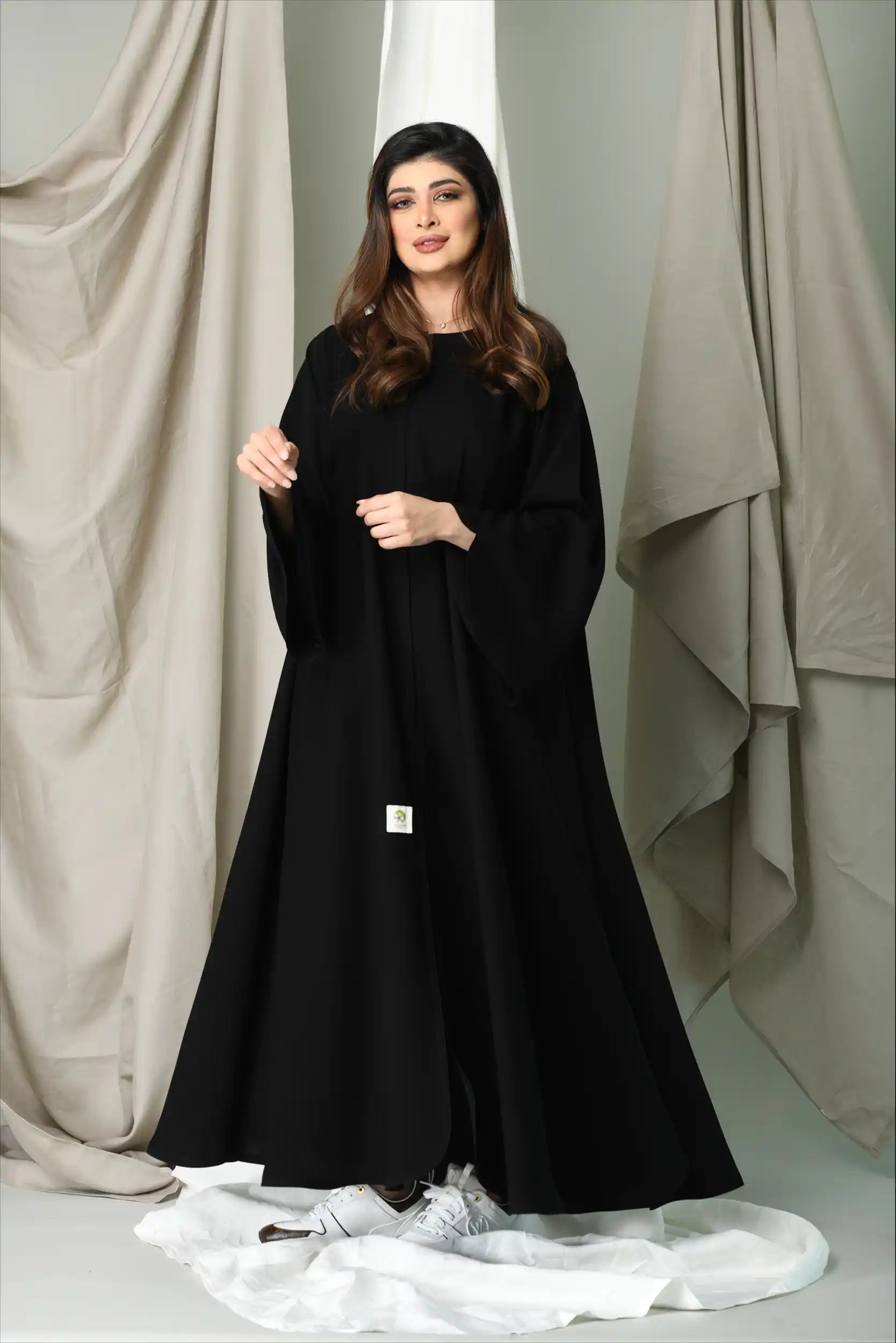 Full front view of Closh Cut Practical Abaya highlighting premium fabric, front close style, and optional full layer for modest wear.
