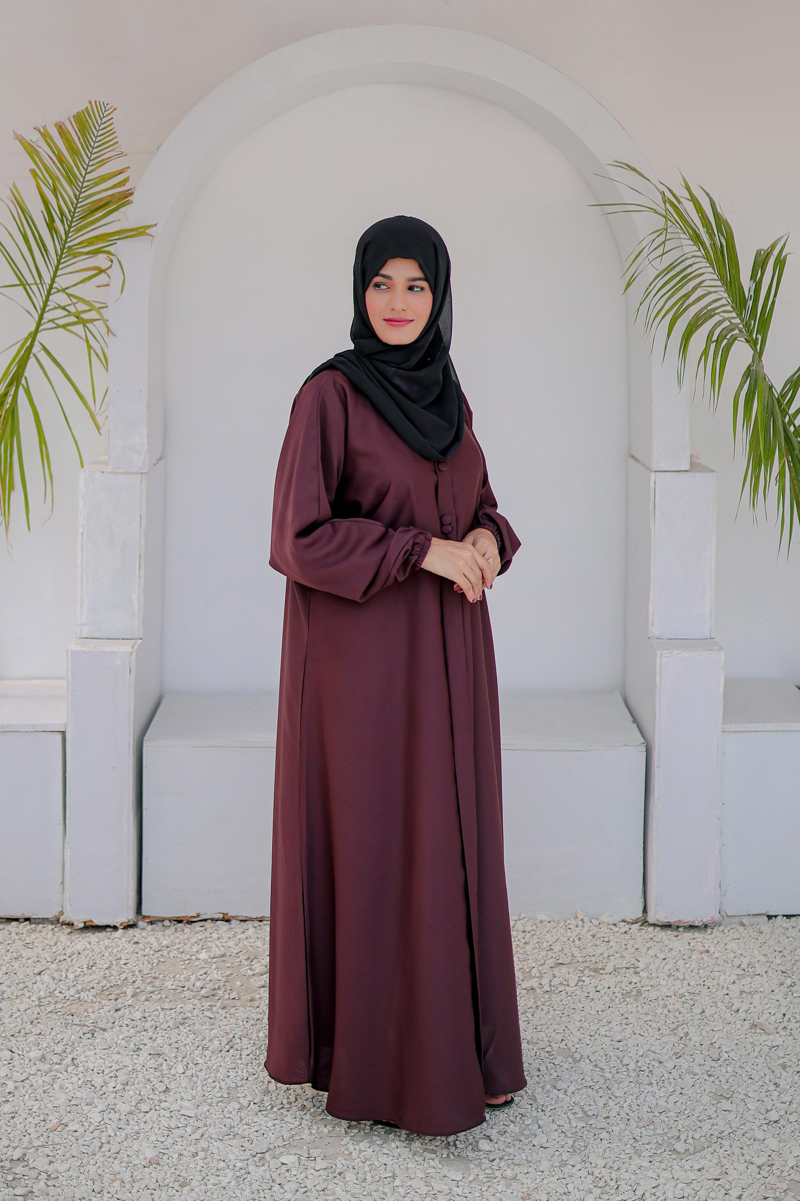 Modern multi color abaya with front closed button design, side full view, modest fashion abaya for women in Pakistan