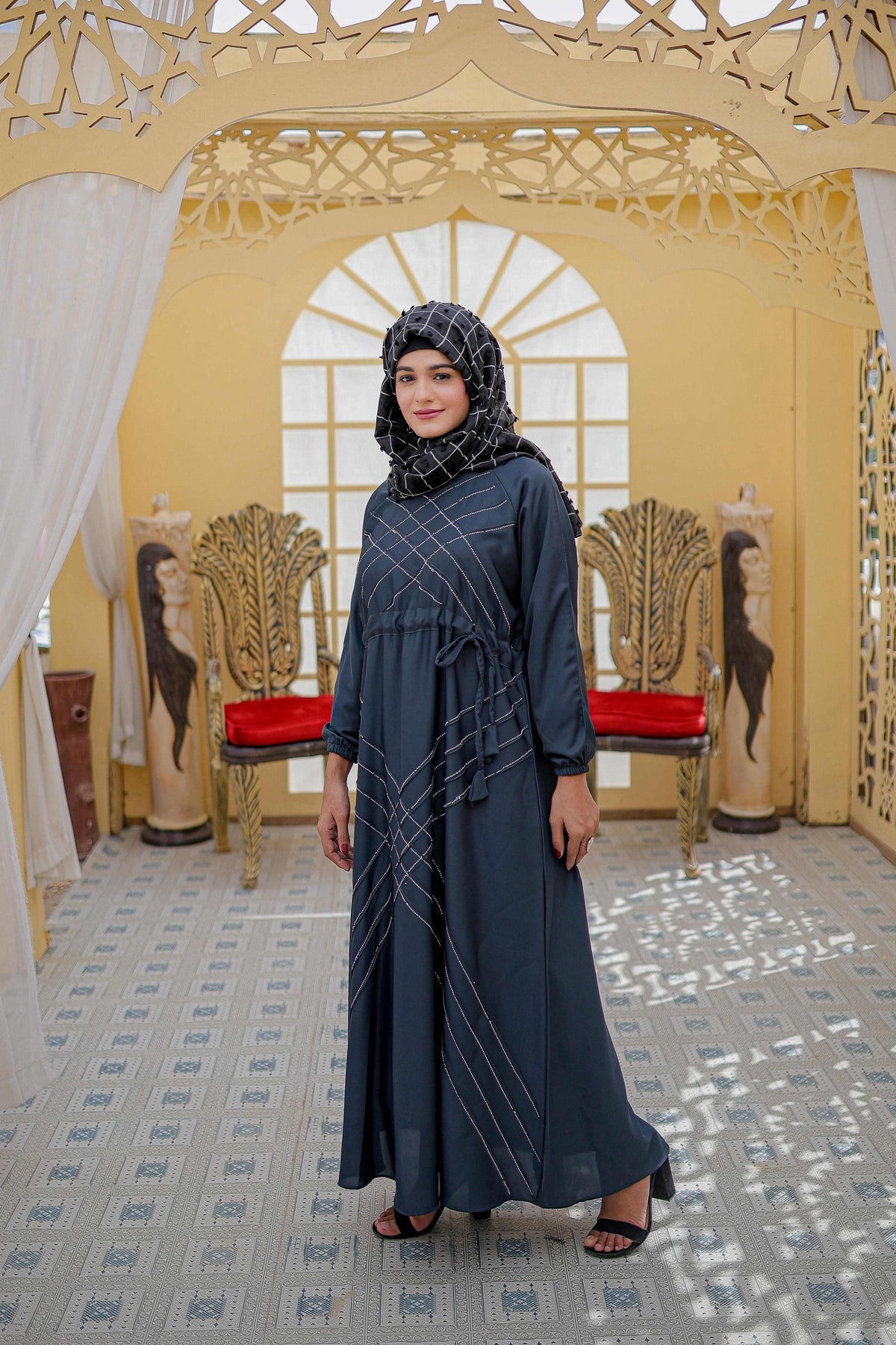 Modest wear teal blue abaya with V type pintax front and elastic cuff sleeves, side full view, abaya for women Pakistan