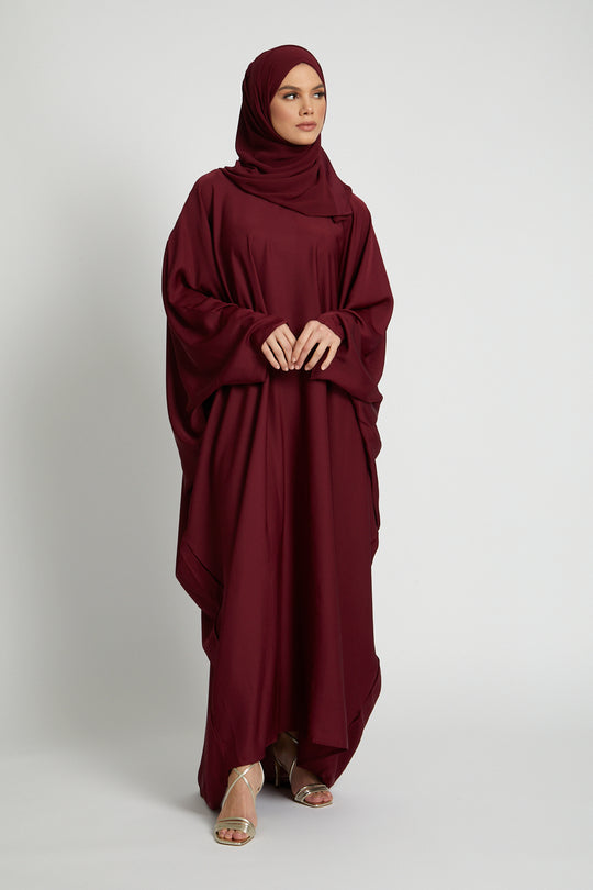 Full front view of red kaftan abaya in loose size, elegant and comfortable modest abaya for women in Pakistan