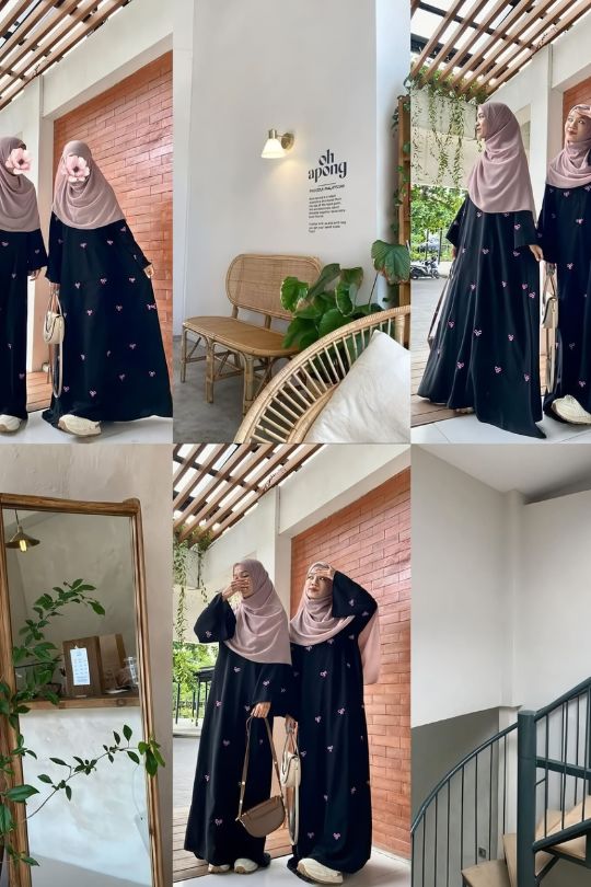 Grid image of Trendy Bow Maxi Abaya showcasing front, side, and back views highlighting bow detail and premium nida fabric for modest women’s fashion