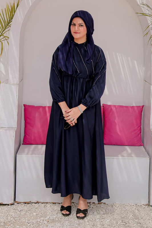 Half Pintex Abaya in Navy Blue