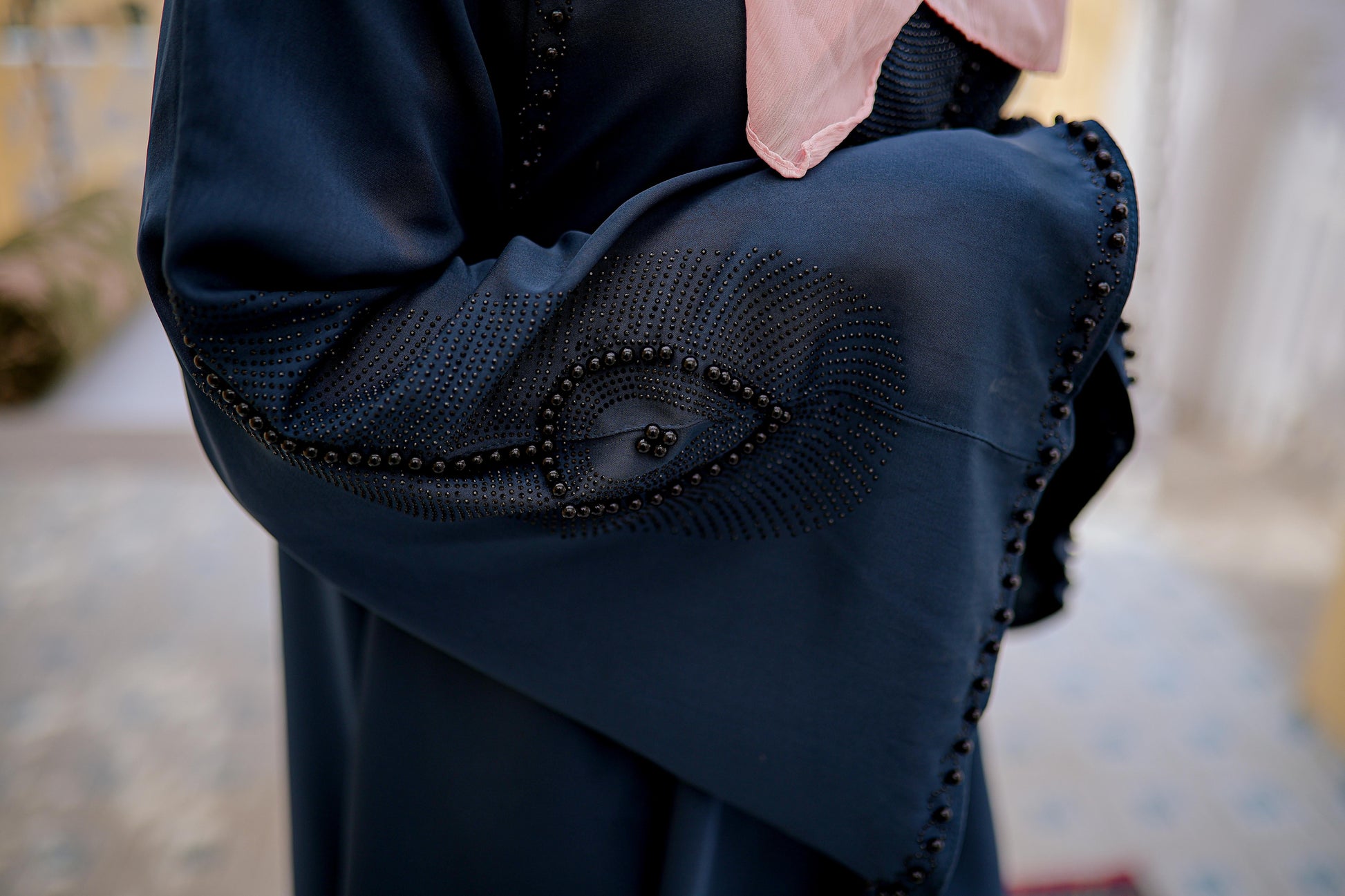 Detailed zoom-in of nug and moti work on abaya sleeves, elegant modest abaya for women, online abaya shopping Pakistan
