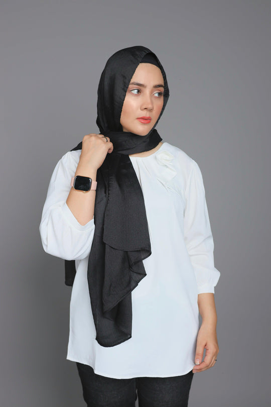 Side drape style of Black Diamond Metallic Hijab – soft chiffon with metallic shine