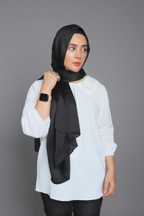 Side drape style of Black Diamond Metallic Hijab – soft chiffon with metallic shine