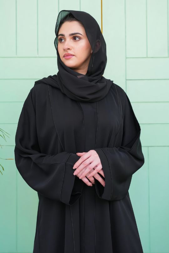 Close-up half view of Black Front Open Plain Abaya highlighting its elegant front design and premium fabric quality.
