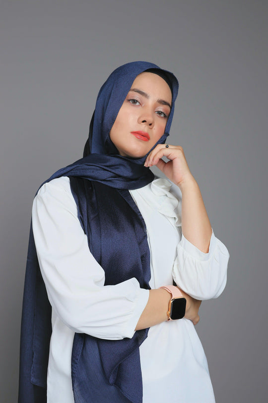 Front draped look of Blue Moon Metallic Chiffon Hijab – lightweight, breathable, and elegant modest wear