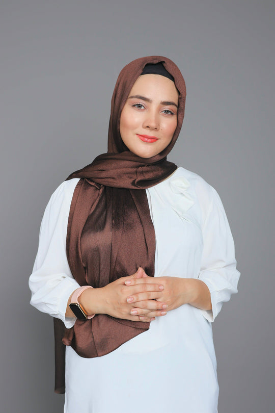 Dark Brown Metallic Chiffon Hijab front draped look on model – elegant modest fashion for women with luxury finish