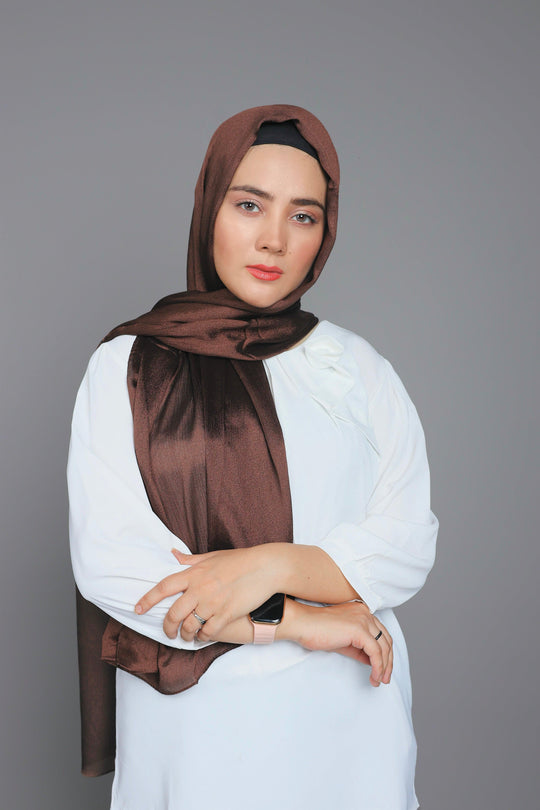 Front full view of Dark Brown Metallic Chiffon Hijab – premium shimmer hijab for women in breathable chiffon fabric