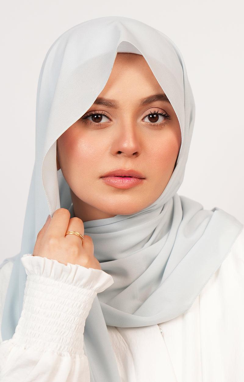 Front styled look of Leena Chiffon Hijab – soft, flowy, and elegant pastel hijab for modest women