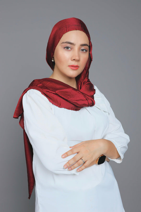 Close-up of Maroon Metallic Chiffon Hijab – soft metallic shine with lightweight chiffon texture
