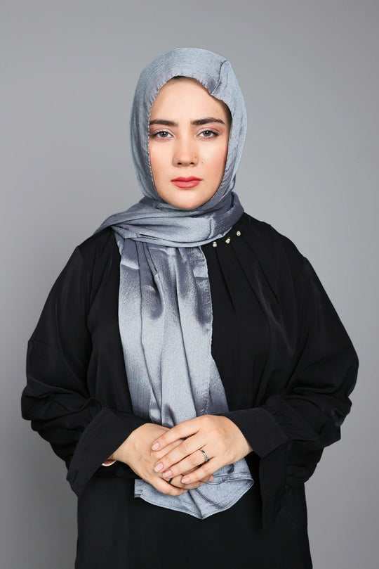 Front draped look of Silver Metallic Chiffon Hijab – lightweight, breathable, and elegant modest style