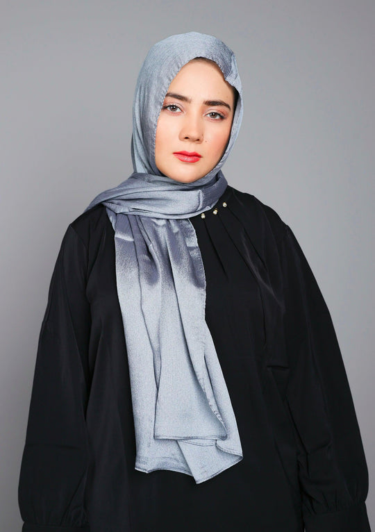 Front full view of Silver Metallic Chiffon Hijab – elegant shimmer hijab for women