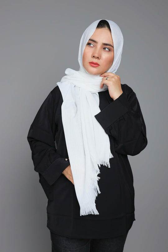 Front draped look of Turkish Viscose Hijab in Pure White – elegant modest hijab style for women 2025