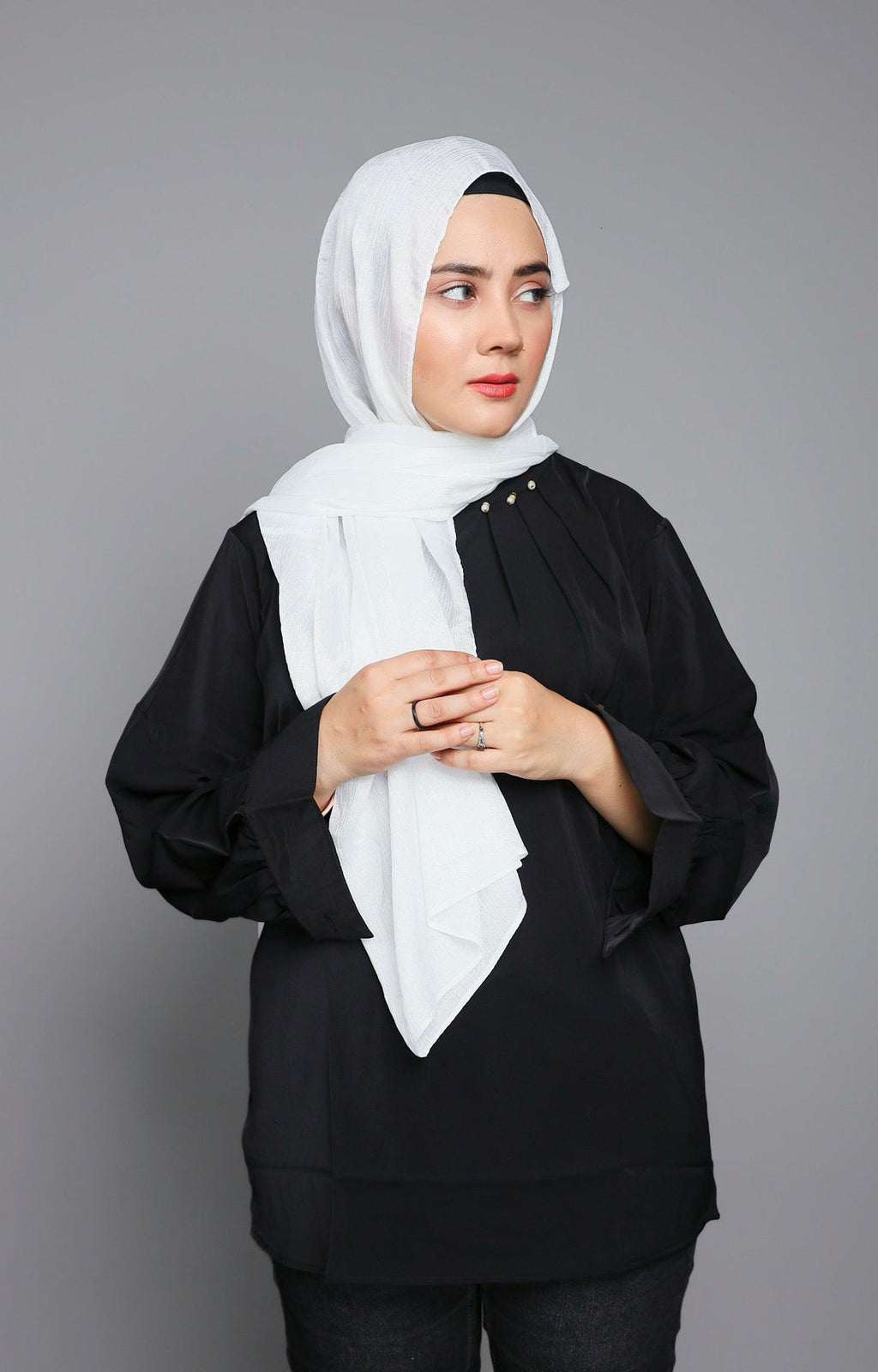 Front draped look of White Metallic Chiffon Hijab – lightweight, breathable and elegant modest wear
