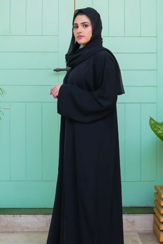Side full view of Classic Black Front Open Abaya for Women – flowing silhouette with elegant plain design in Nida fabric.