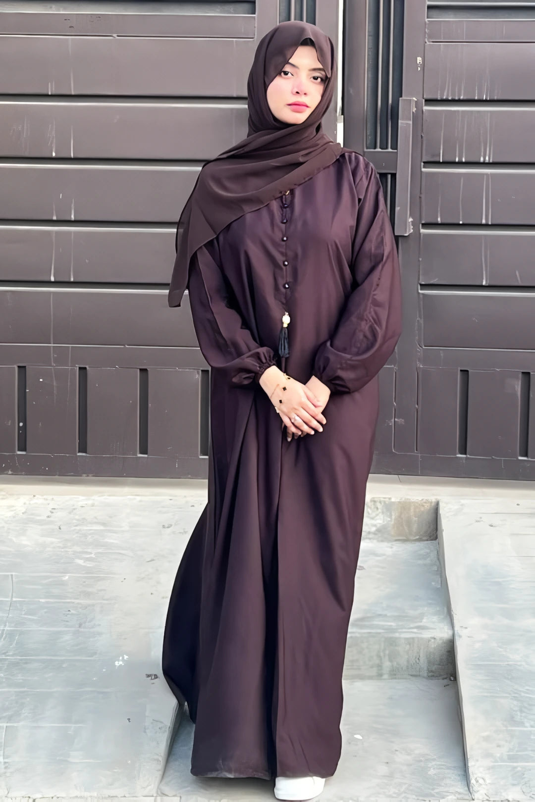 Dark Brown Abaya for Women featuring Front Close Design and Stone Buttons
