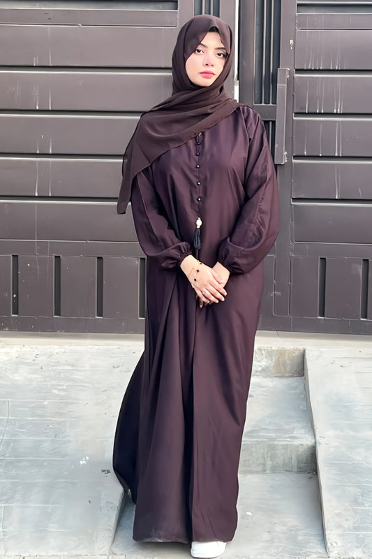 Dark Brown Abaya for Women featuring Front Close Design and Stone Buttons