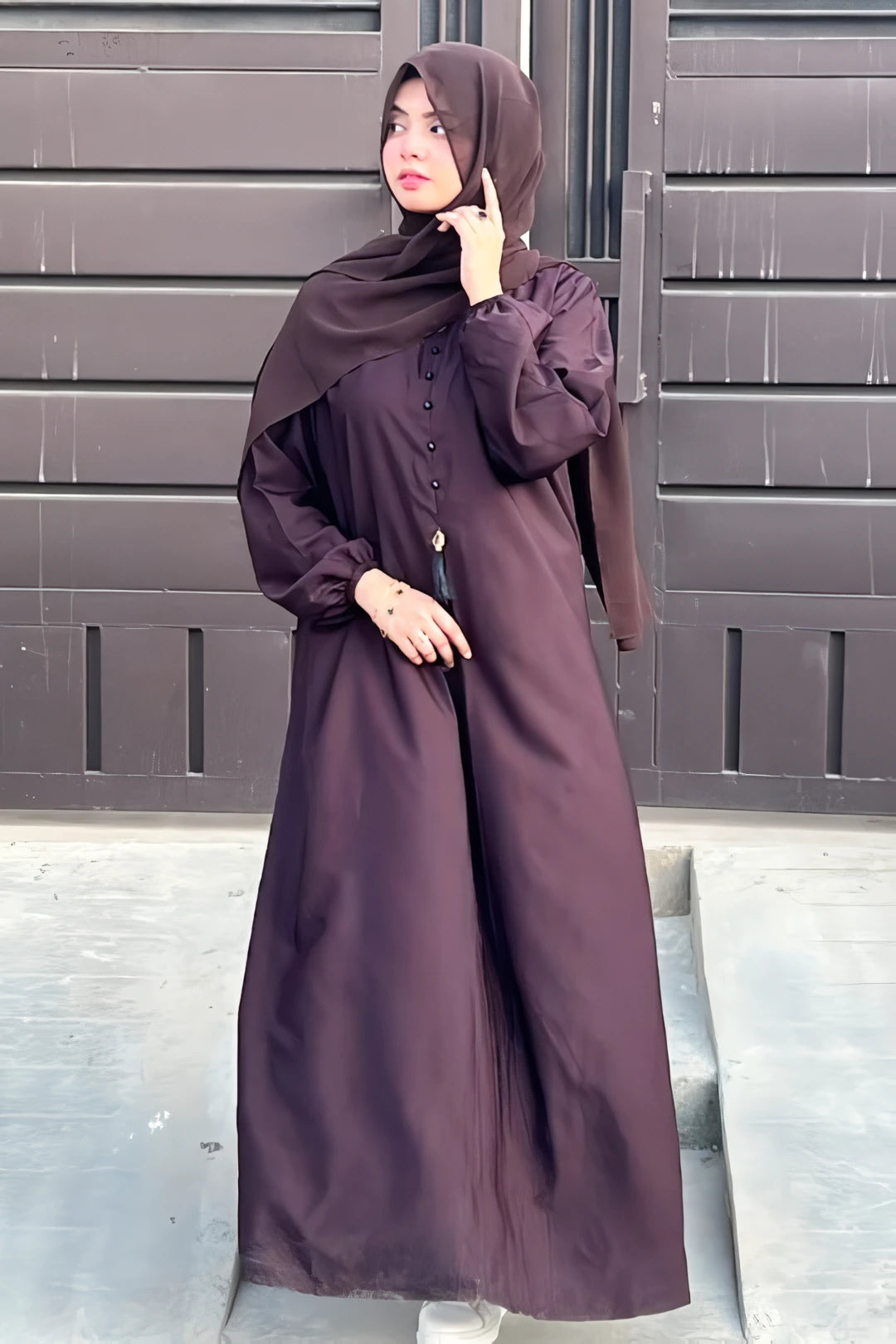 Close-up of Stone Button Detailing on Dark Brown Front Close Abaya