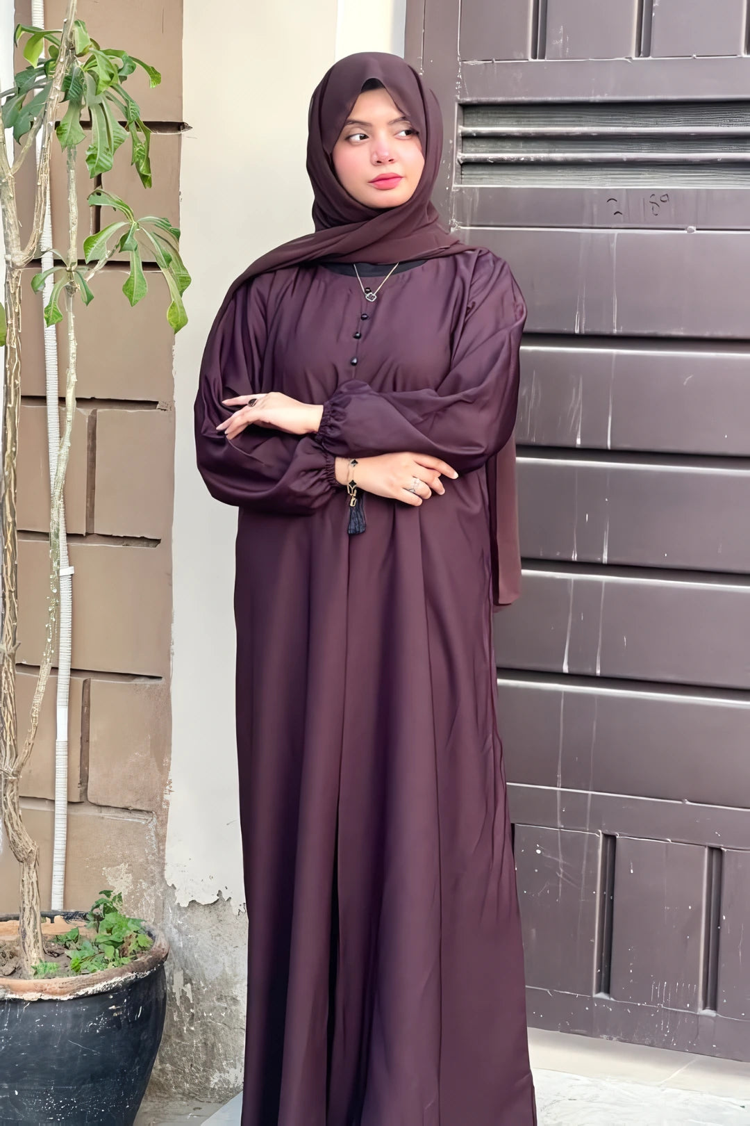 Elegant Dark Brown Front Close Abaya with Stone Buttons – Full Front View