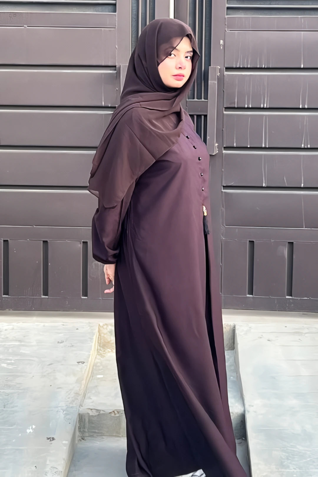 Modest Dark Brown Nida Abaya – Elegant Front Close Style with Stone Buttons