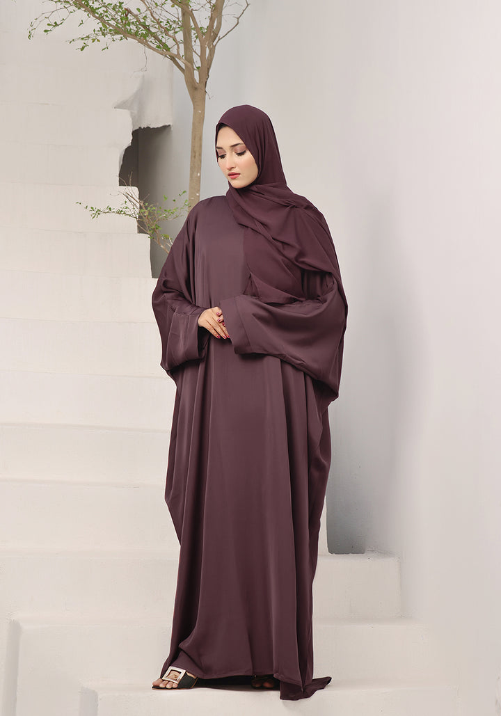 Elegant burgundy butterfly abaya full front view flowing gown style nida fabric modest wear Pakistan