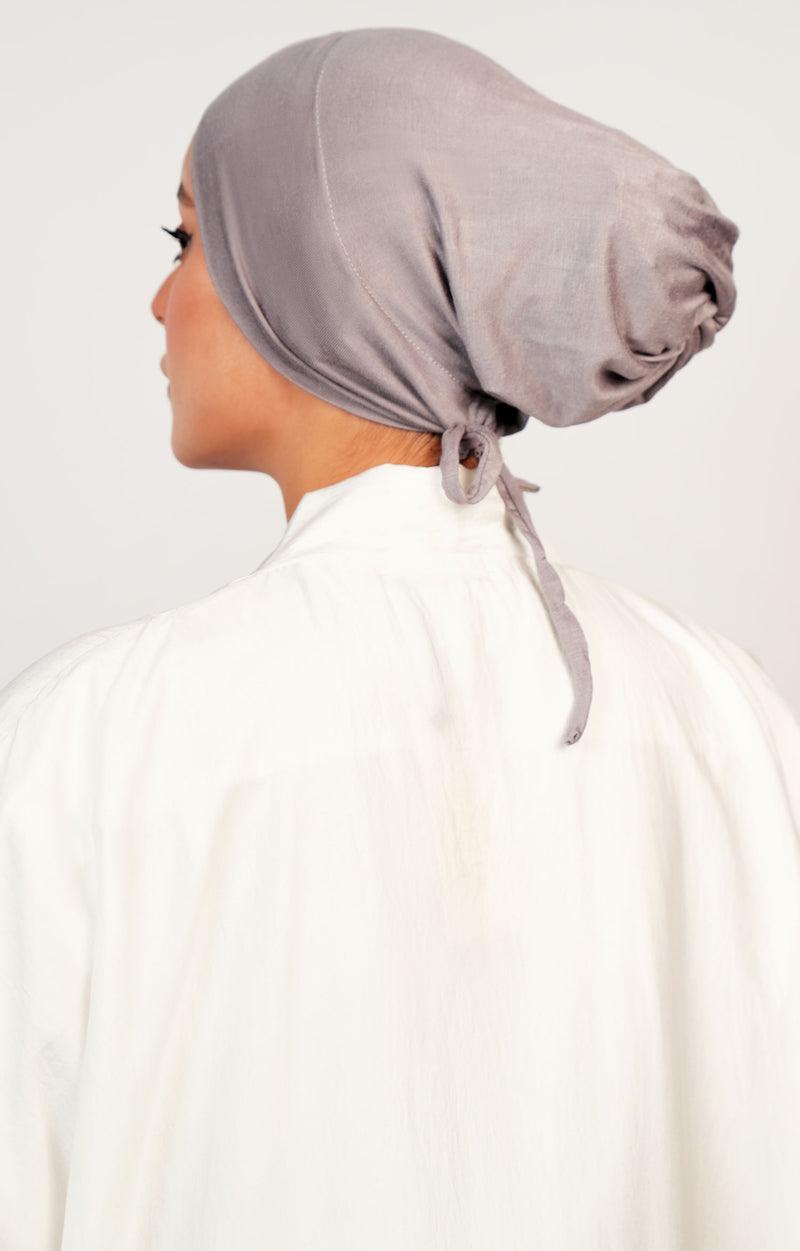 Gray Beryl Knotted Underscarf Back View – Essential Hijab Inner Cap Accessory for Abaya Styling