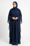 Halimah butterfly abaya for women in blue color front full view worn by model showing flowy double layer chiffon design