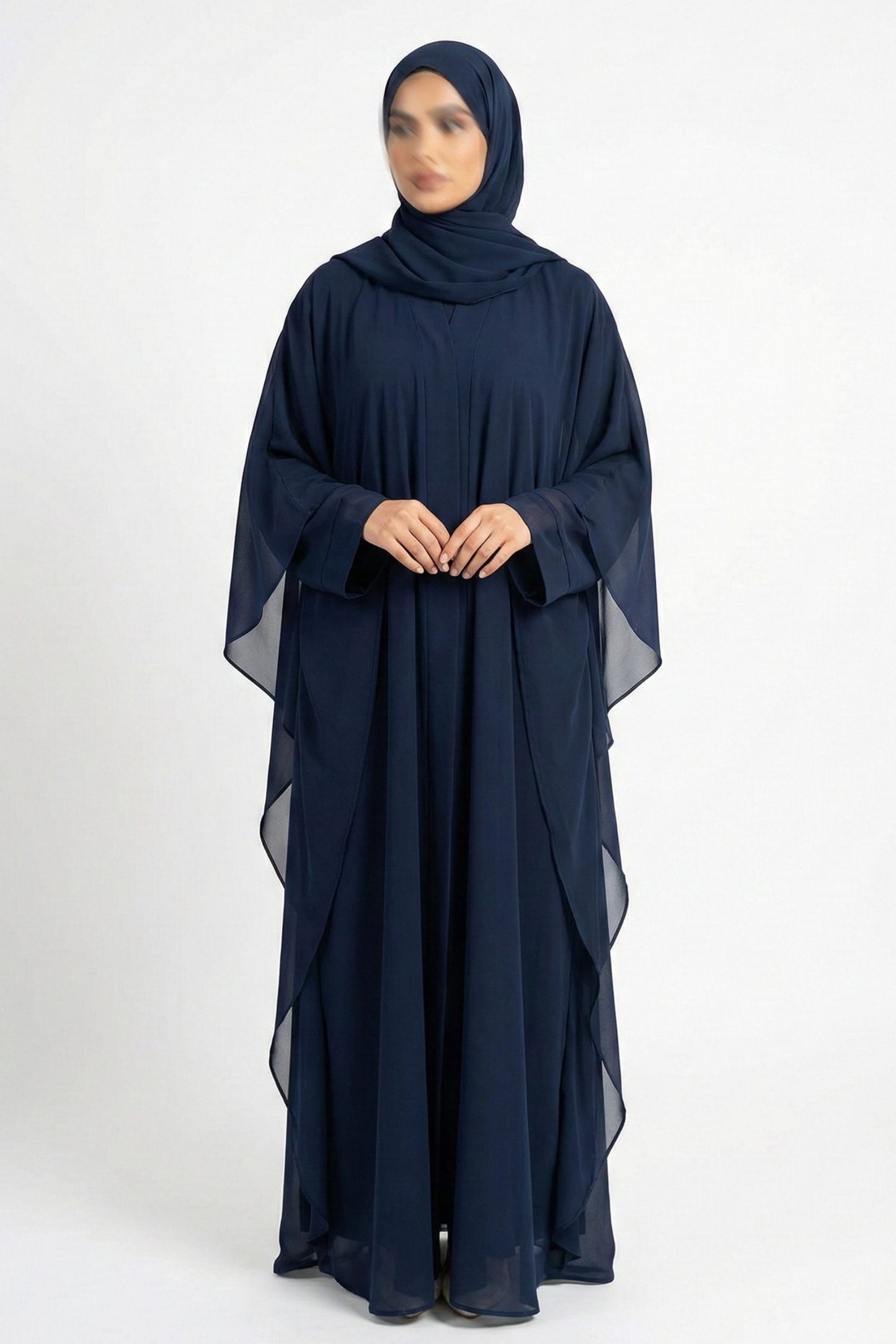 Halimah butterfly abaya for women in blue color front full view worn by model showing flowy double layer chiffon design